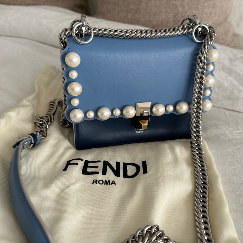 100% Authentic Fendi Kan I Small Blue with Pearls